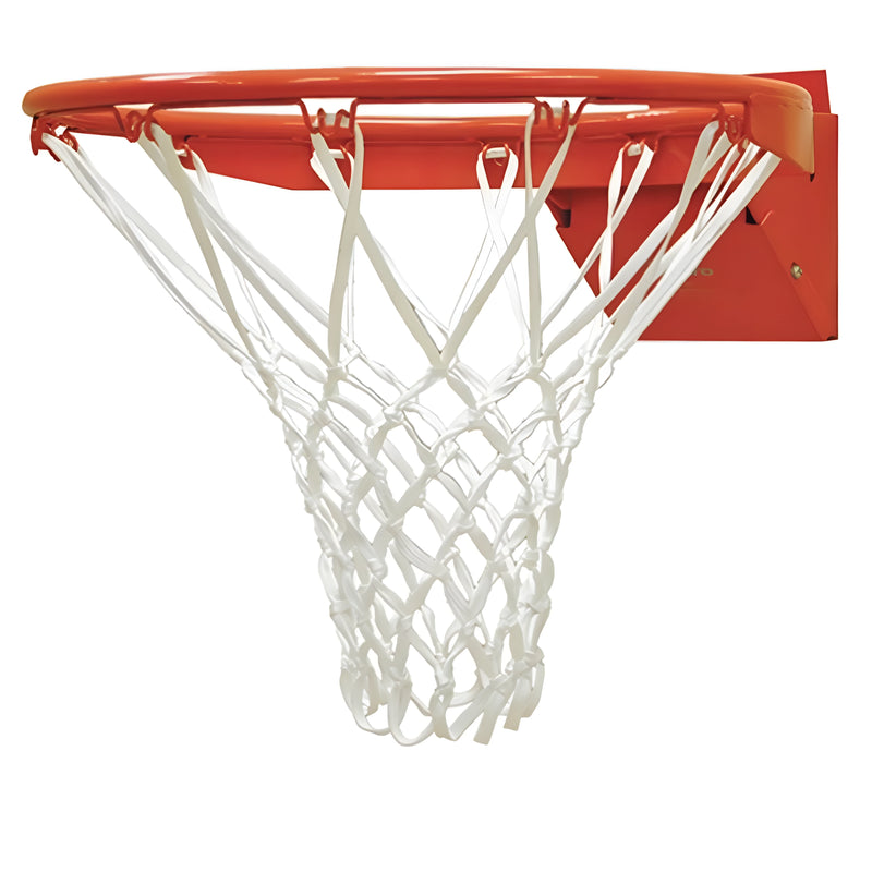Jaypro basketball rim with white net and sturdy orange metal frame for indoor or outdoor use