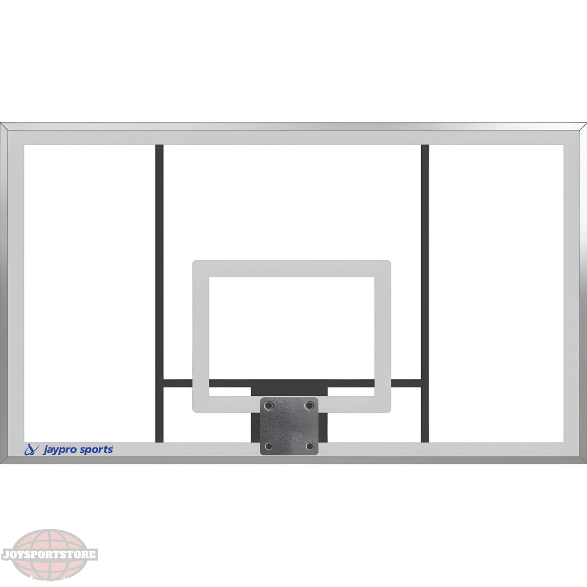 Jaypro clear glass backboard for outdoor basketball hoop with sturdy metal frame and mounting plate