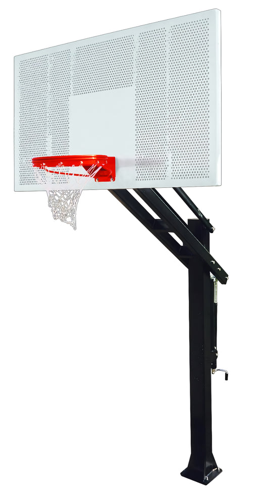 FIRST TEAM In Ground Basketball Hoop with a white perforated backboard and red rim