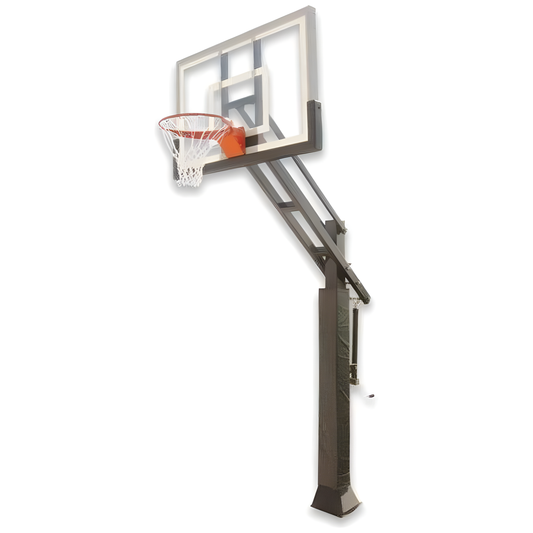 Ironclad adjustable in ground basketball hoop with clear backboard and orange rim