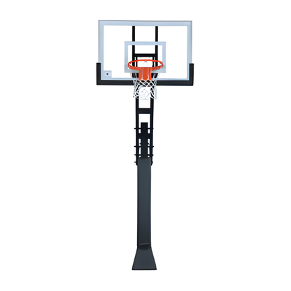 Ironclad In Ground Basketball Hoop with clear backboard and orange rim on black pole