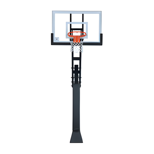 Ironclad In Ground Basketball Hoop with clear backboard and orange rim on black pole