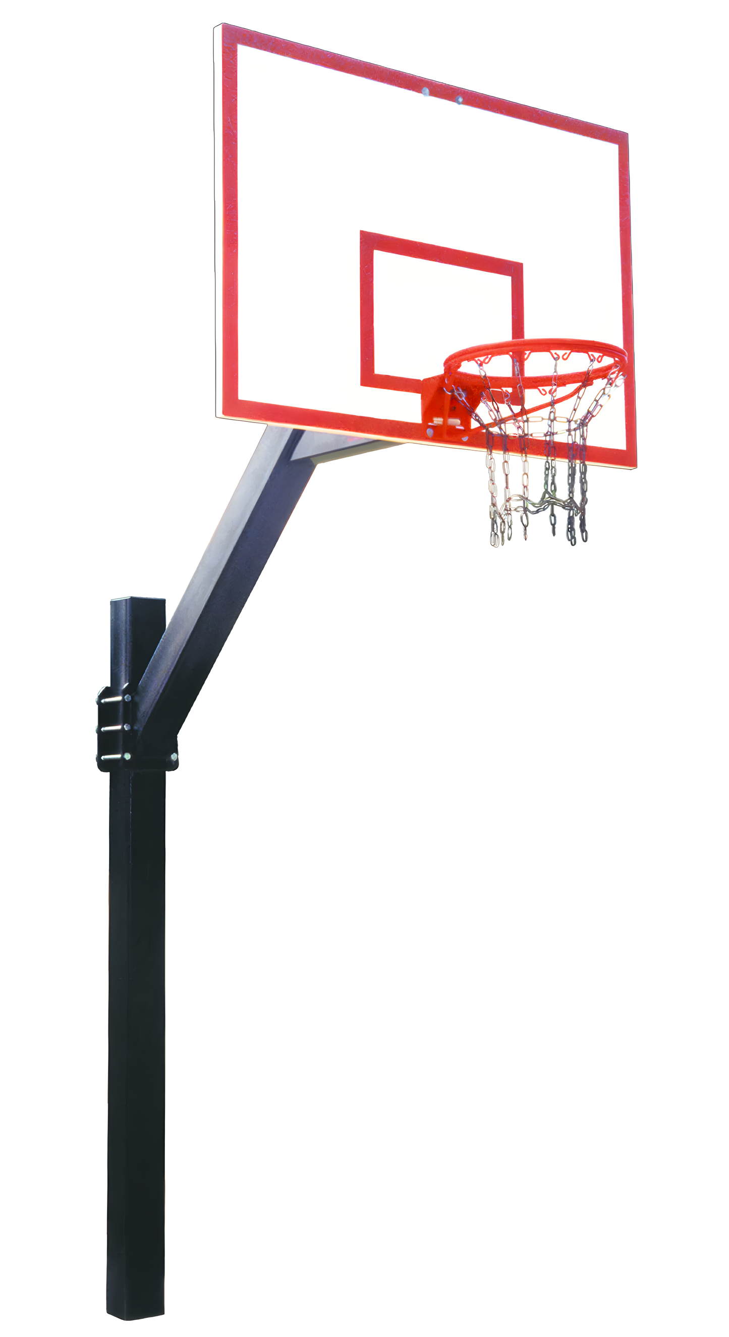 FIRST TEAM In Ground Basketball Hoop with red and white backboard and metal chain net
