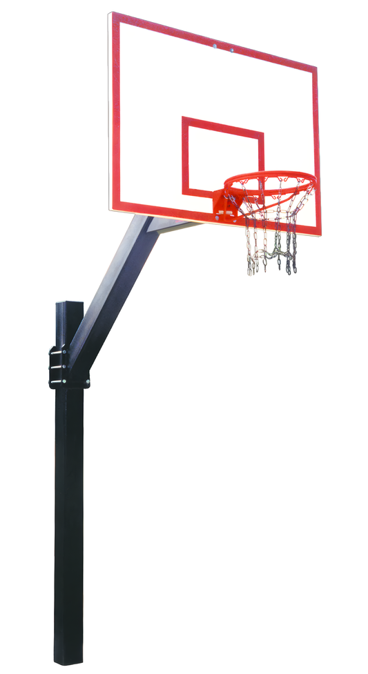 FIRST TEAM In Ground Basketball Hoop with red and white backboard and metal chain net