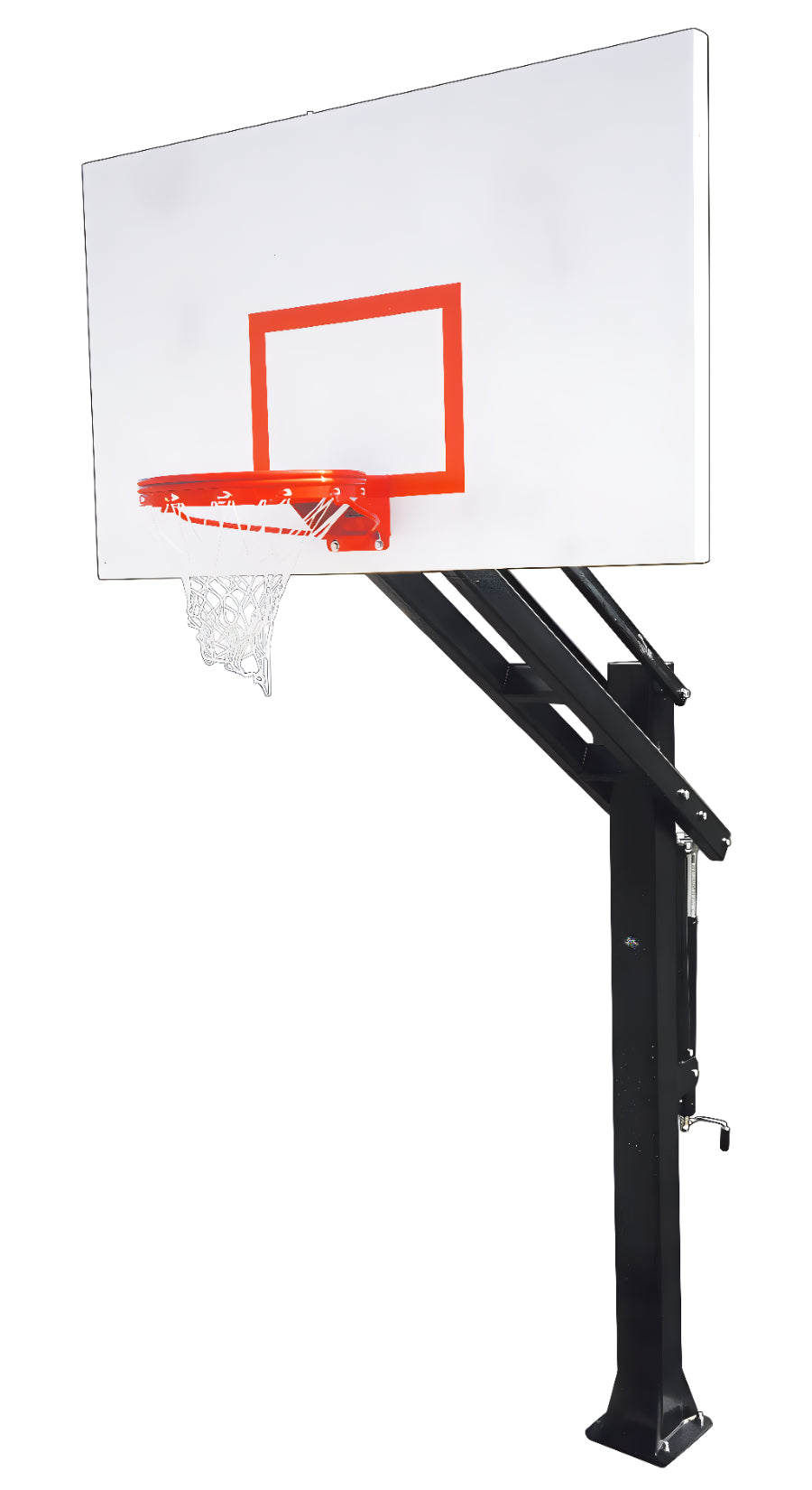 FIRST TEAM in ground basketball hoop with clear backboard and red rim on black pole