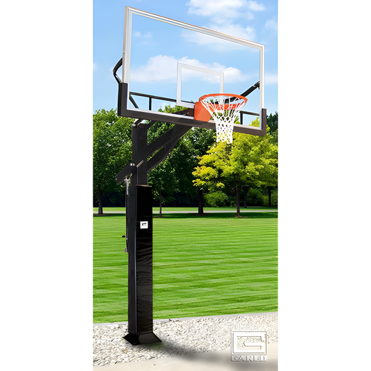 Gared In Ground Basketball Hoop with clear backboard and orange rim installed on grassy backyard