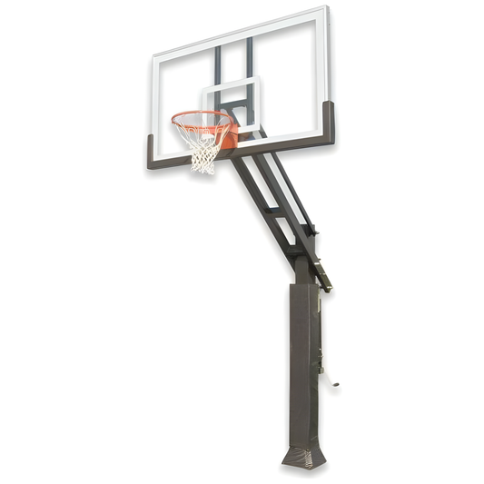 Ironclad In Ground Basketball Hoop with clear backboard and sturdy black support pole