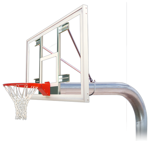 FIRST TEAM clear glass backboard with red rim and net on In Ground Basketball Hoop