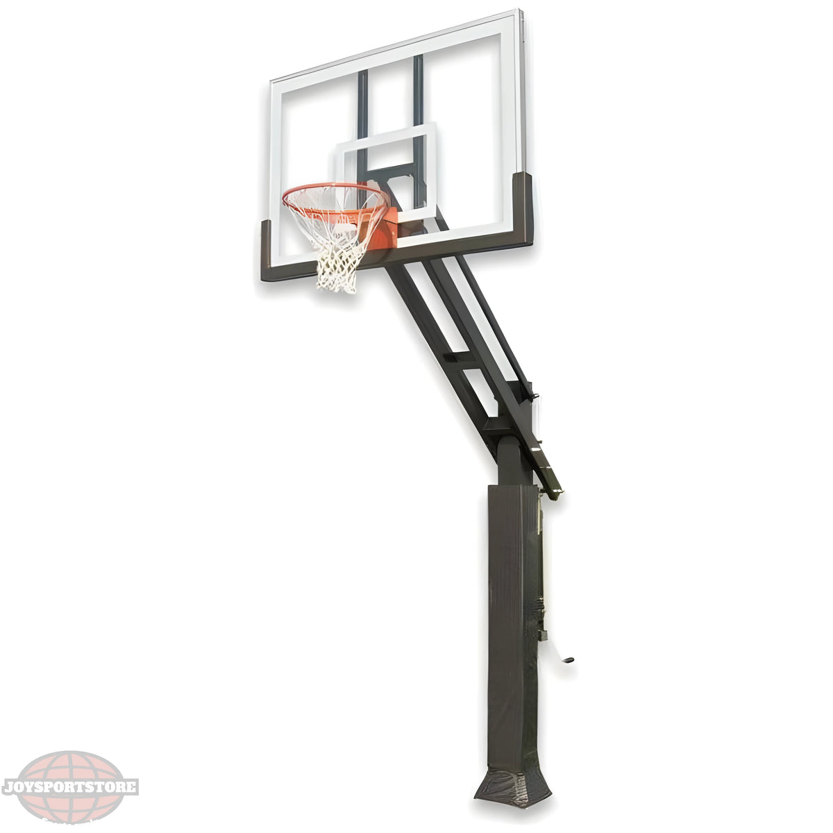 Ironclad in ground basketball hoop with clear backboard and adjustable height on white background