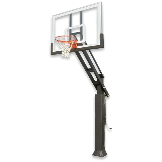 Ironclad in ground basketball hoop with clear backboard and adjustable height on white background