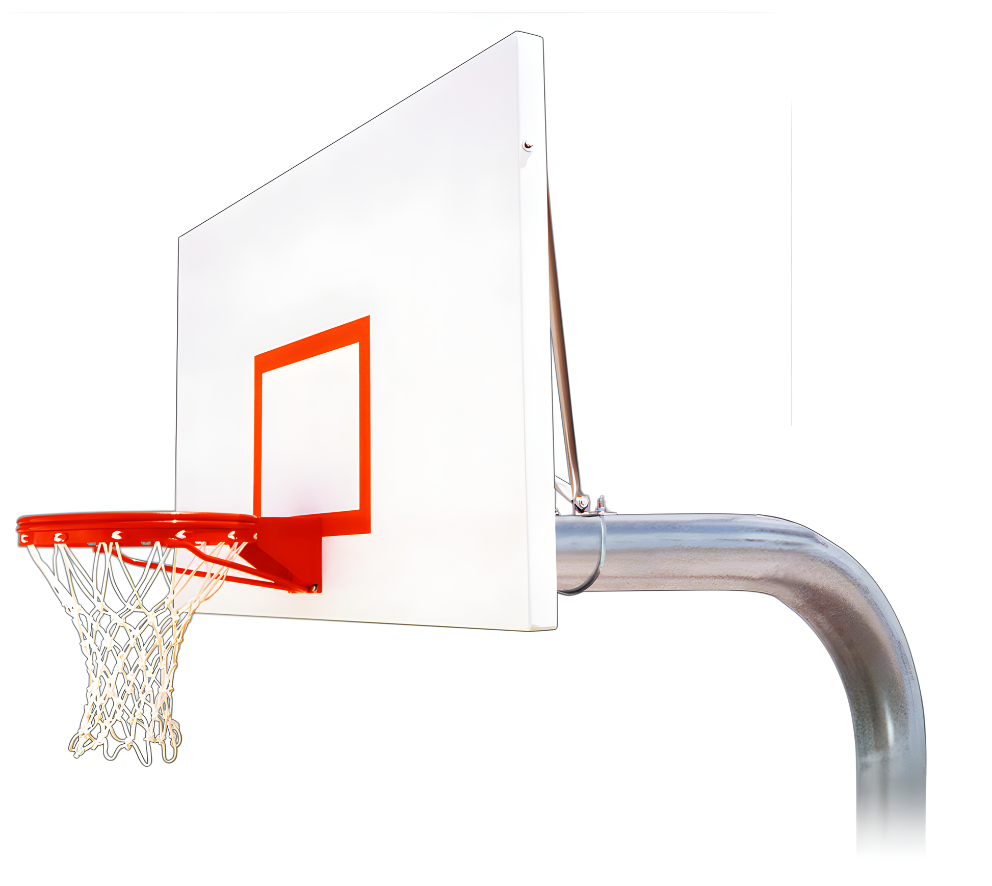 FIRST TEAM in ground basketball hoop with clear backboard and red rim on silver pole