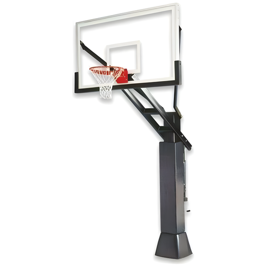 Ironclad In Ground Hoop basketball system with clear backboard and sturdy black support pole