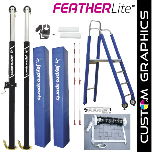 Jaypro PowerLite Volleyball System Deluxe Package – 3" Floor Sleeve | Lightweight Aluminum Posts with Net, Pads, Antennas & Gauge – PVB-6PKGDX