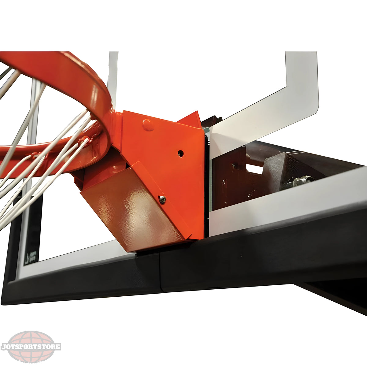 Close-up view of Jaypro outdoor basketball hoop mounting bracket and rim attached to backboard