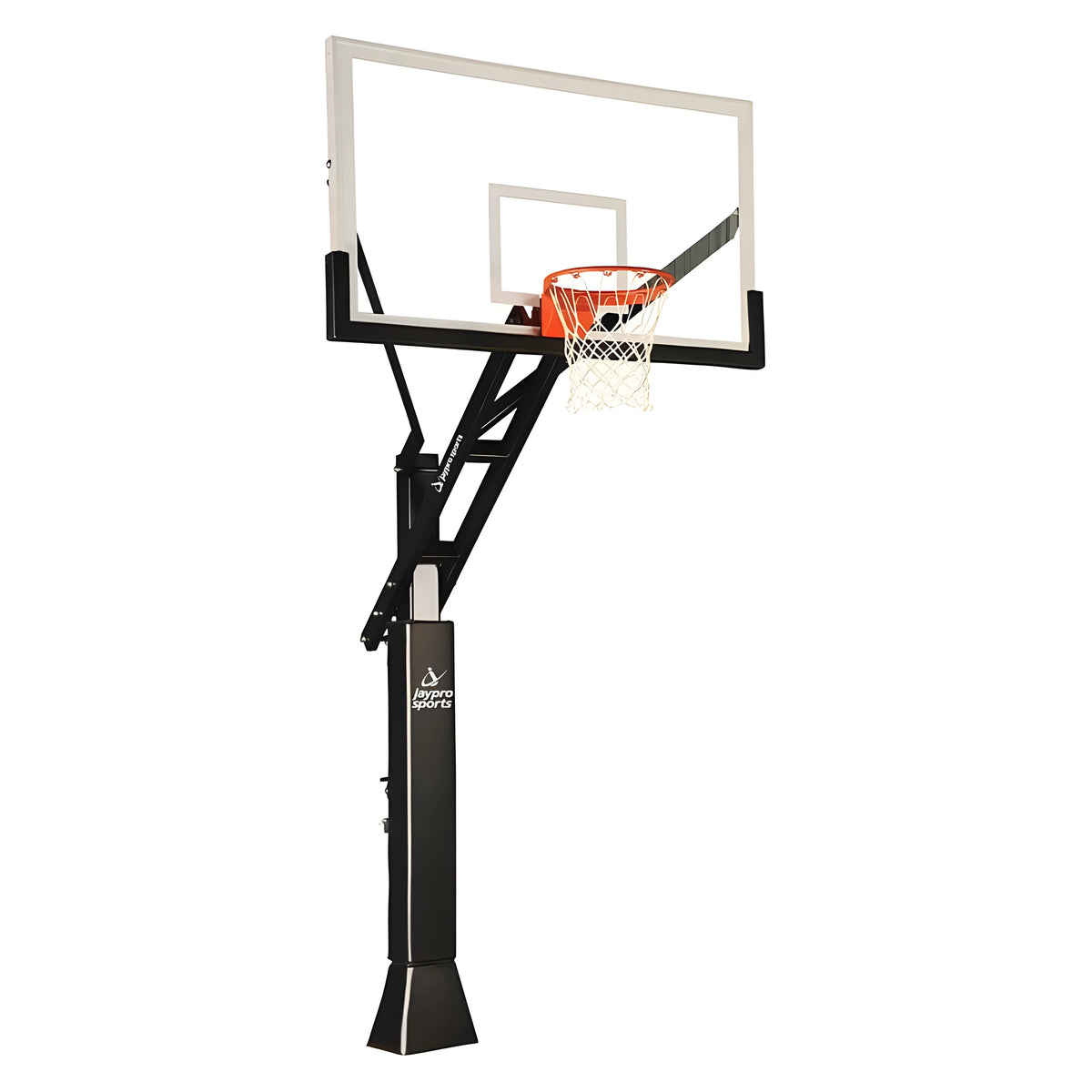 Jaypro outdoor basketball hoop with clear backboard and adjustable black support pole