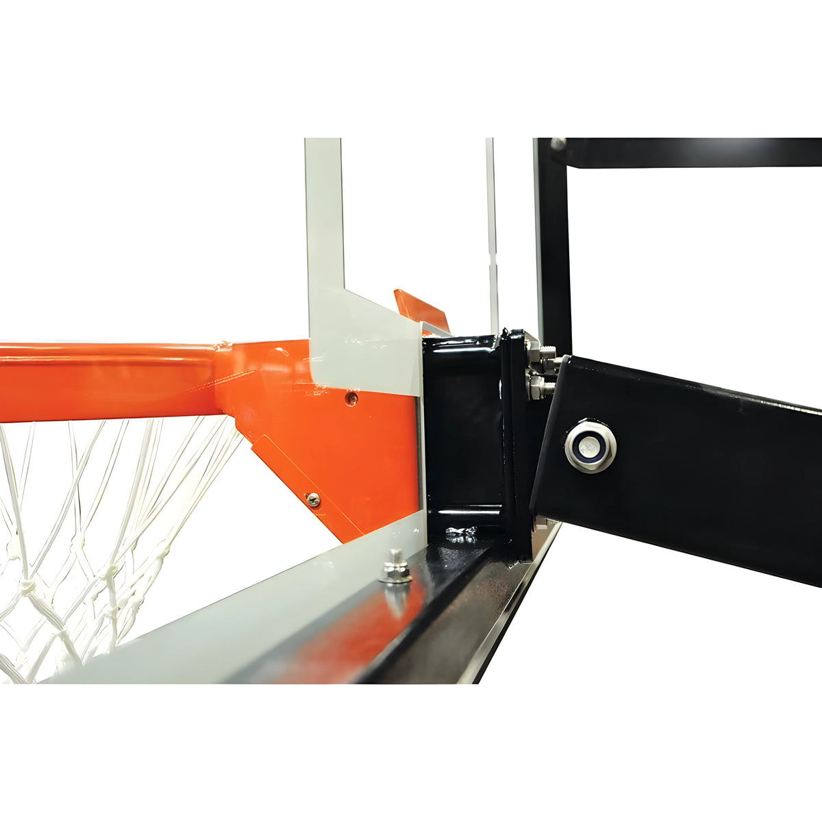 Close-up view of Jaypro outdoor basketball hoop mounting bracket and rim connection