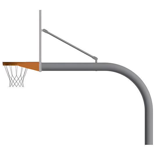 Jaypro outdoor basketball hoop with gray curved pole and white backboard for sports courts