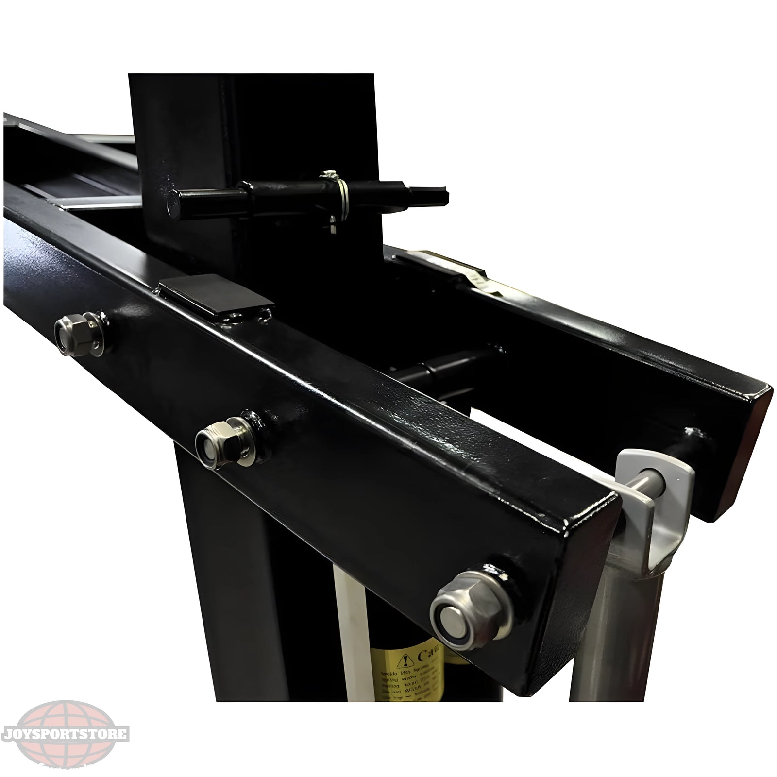 Close-up of black metal bracket with bolts from Jaypro sports equipment