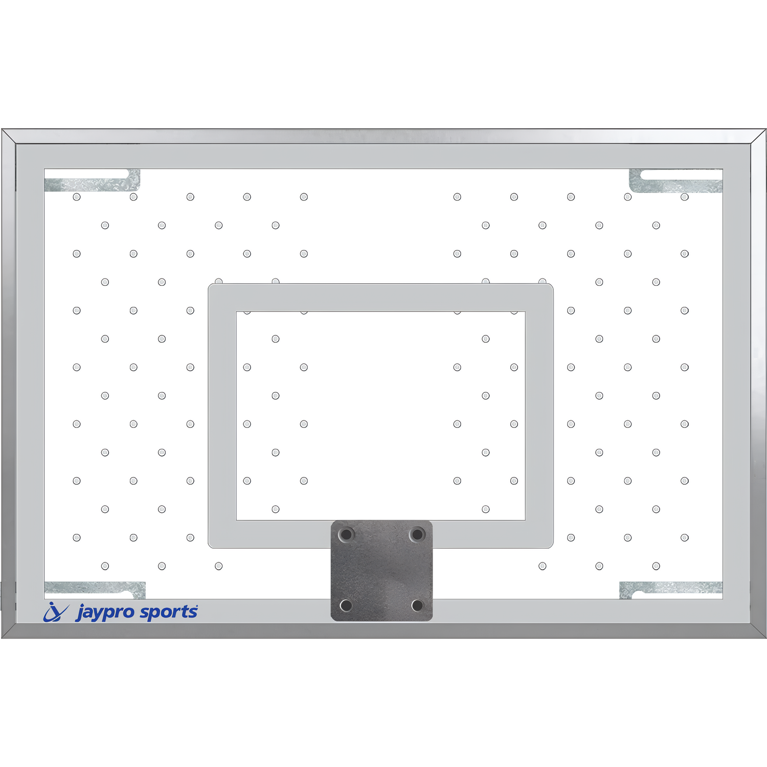 Jaypro clear basketball backboard with metal frame and mounting bracket for sports use