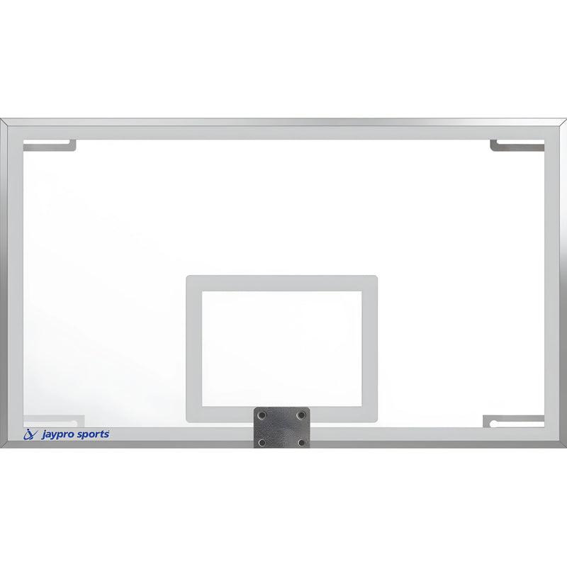 Jaypro clear glass basketball backboard with white square target and metal mounting bracket