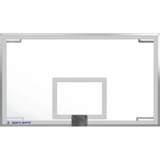Jaypro clear glass basketball backboard with white square target and metal mounting bracket