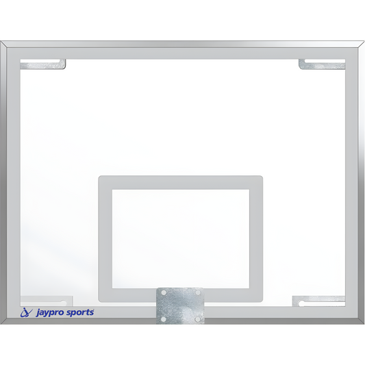 Jaypro clear glass basketball backboard with metal frame and mounting brackets