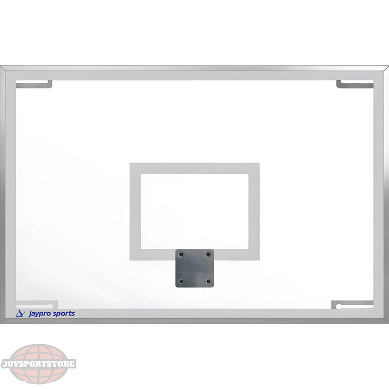 Jaypro clear basketball backboard with silver frame designed for indoor and outdoor use