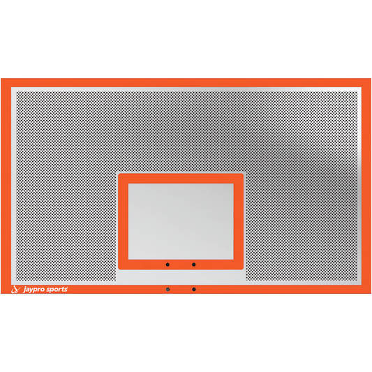 Jaypro basketball backboard with orange frame and transparent perforated surface for sports use