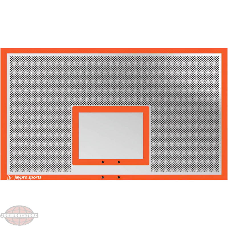 Jaypro basketball backboard with orange frame and transparent perforated surface for sports use