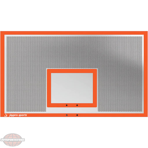 Jaypro basketball backboard with orange frame and transparent perforated surface for sports use