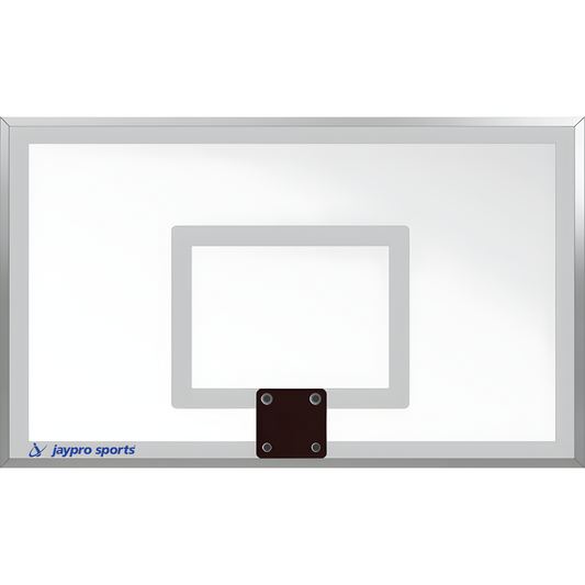 Jaypro clear basketball backboard with gray square target and silver frame for sports use