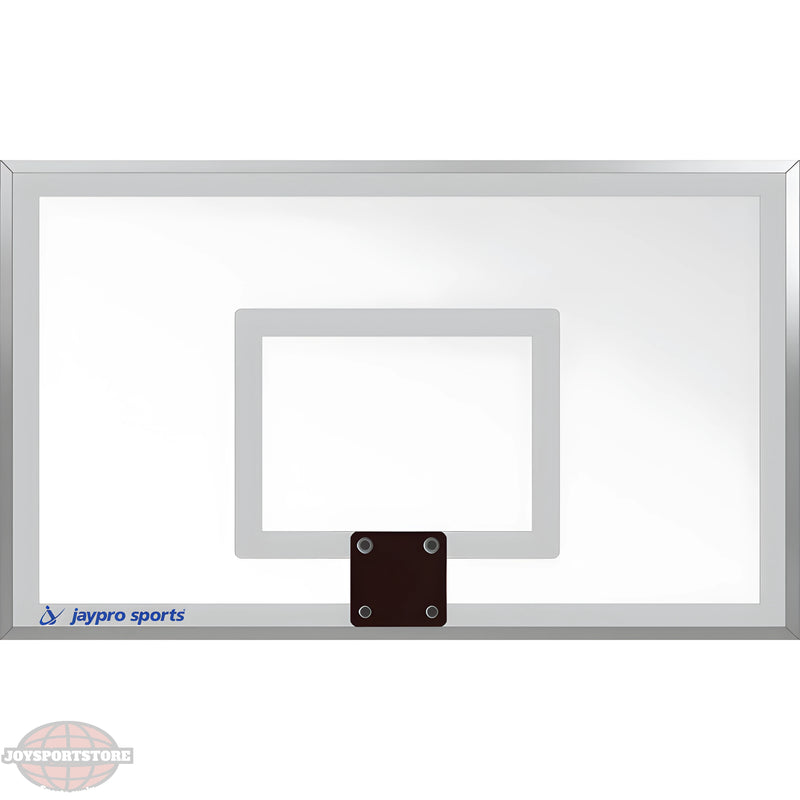 Jaypro clear basketball backboard with gray square target and silver frame for sports use