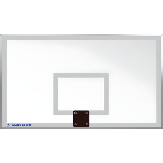 Jaypro transparent basketball backboard with white square target and metal mounting bracket