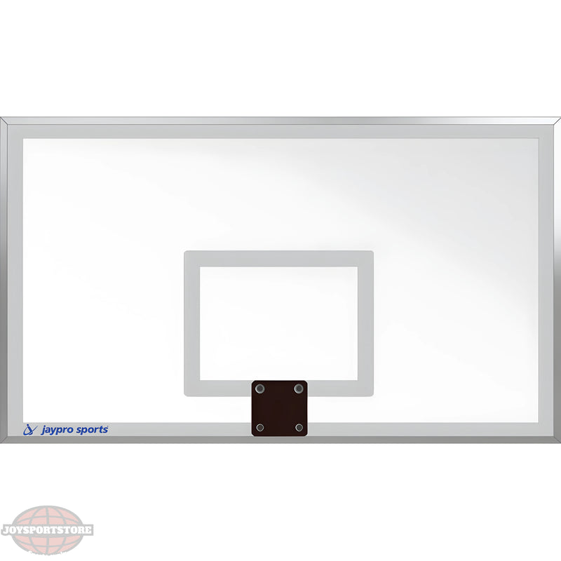 Jaypro transparent basketball backboard with white square target and metal mounting bracket