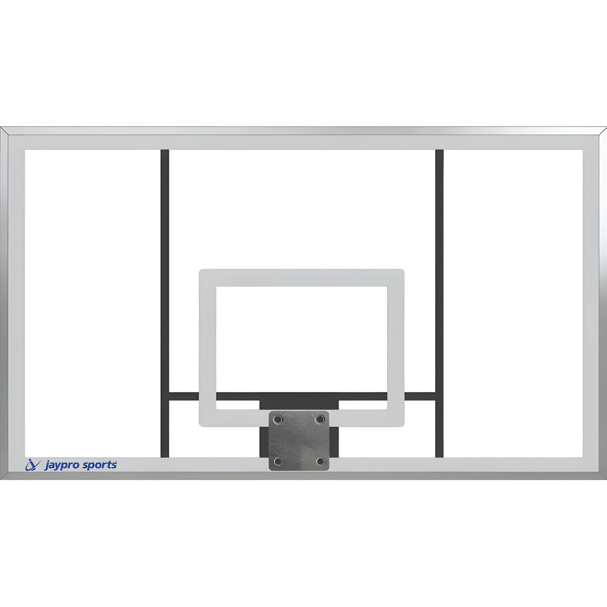 Jaypro clear glass outdoor basketball hoop backboard with white outline and black support braces