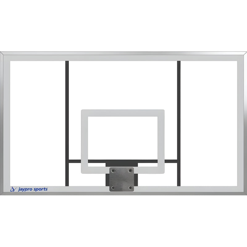 Jaypro clear glass outdoor basketball hoop backboard with white outline and black support braces
