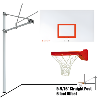 Jaypro outdoor basketball hoop with 5-9 16 inch straight post and 6 foot offset for outdoor use