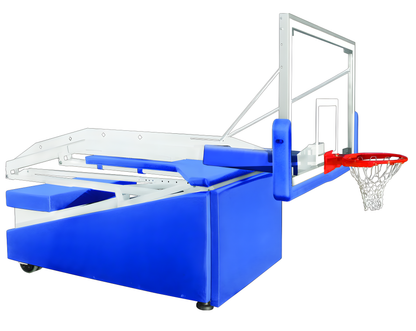 FIRST TEAM Portable Basketball Hoop with blue padded base and adjustable clear backboard