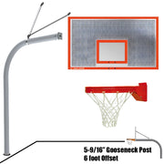 Jaypro outdoor basketball hoop with gooseneck post and 6 foot offset featuring perforated backboard and red rim