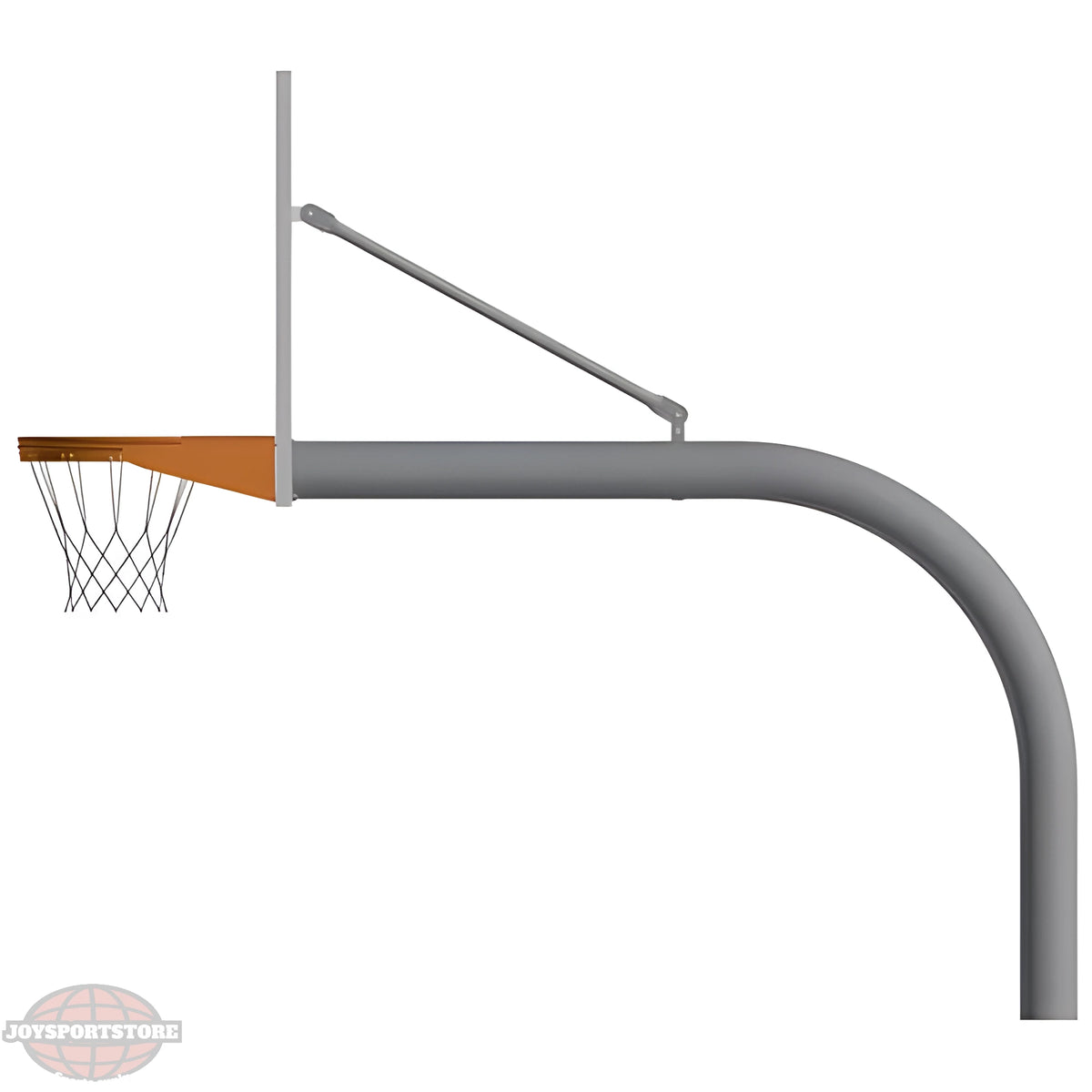 Jaypro outdoor basketball hoop with curved gray pole and orange rim with net