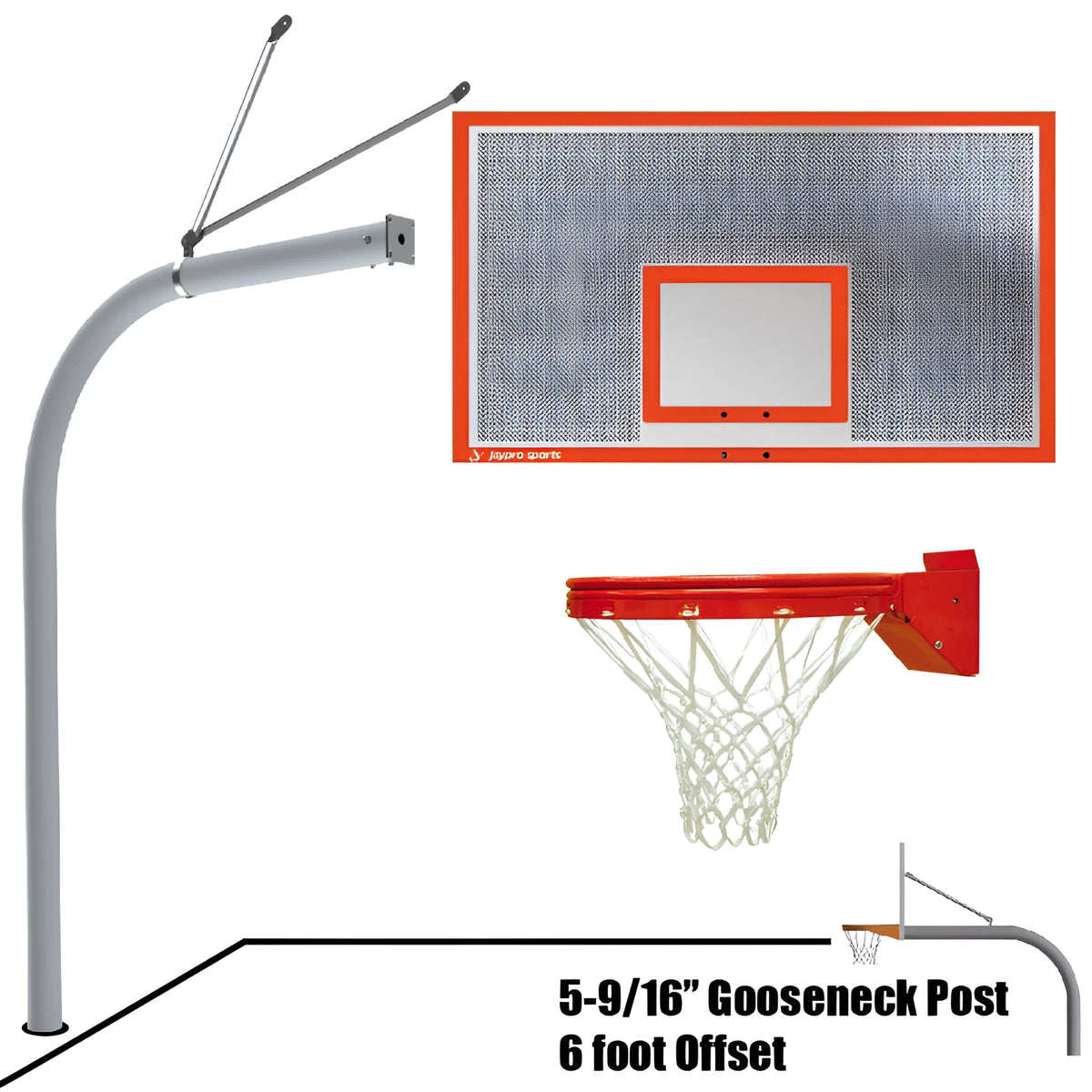 Jaypro outdoor basketball hoop with 5-9 16 inch gooseneck post and 6 foot offset featuring a red and white net and perforated backboard