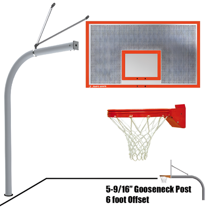 Jaypro outdoor basketball hoop with 5-9 16 inch gooseneck post and 6 foot offset featuring a red and white net and perforated backboard