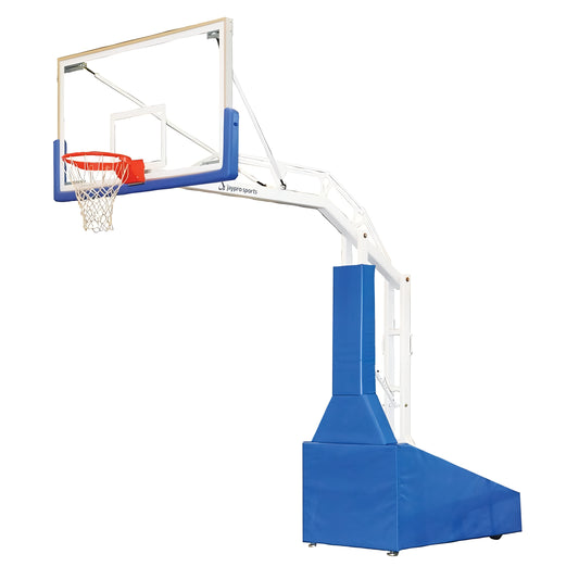 Jaypro portable basketball hoop with clear backboard and blue base padding for outdoor play