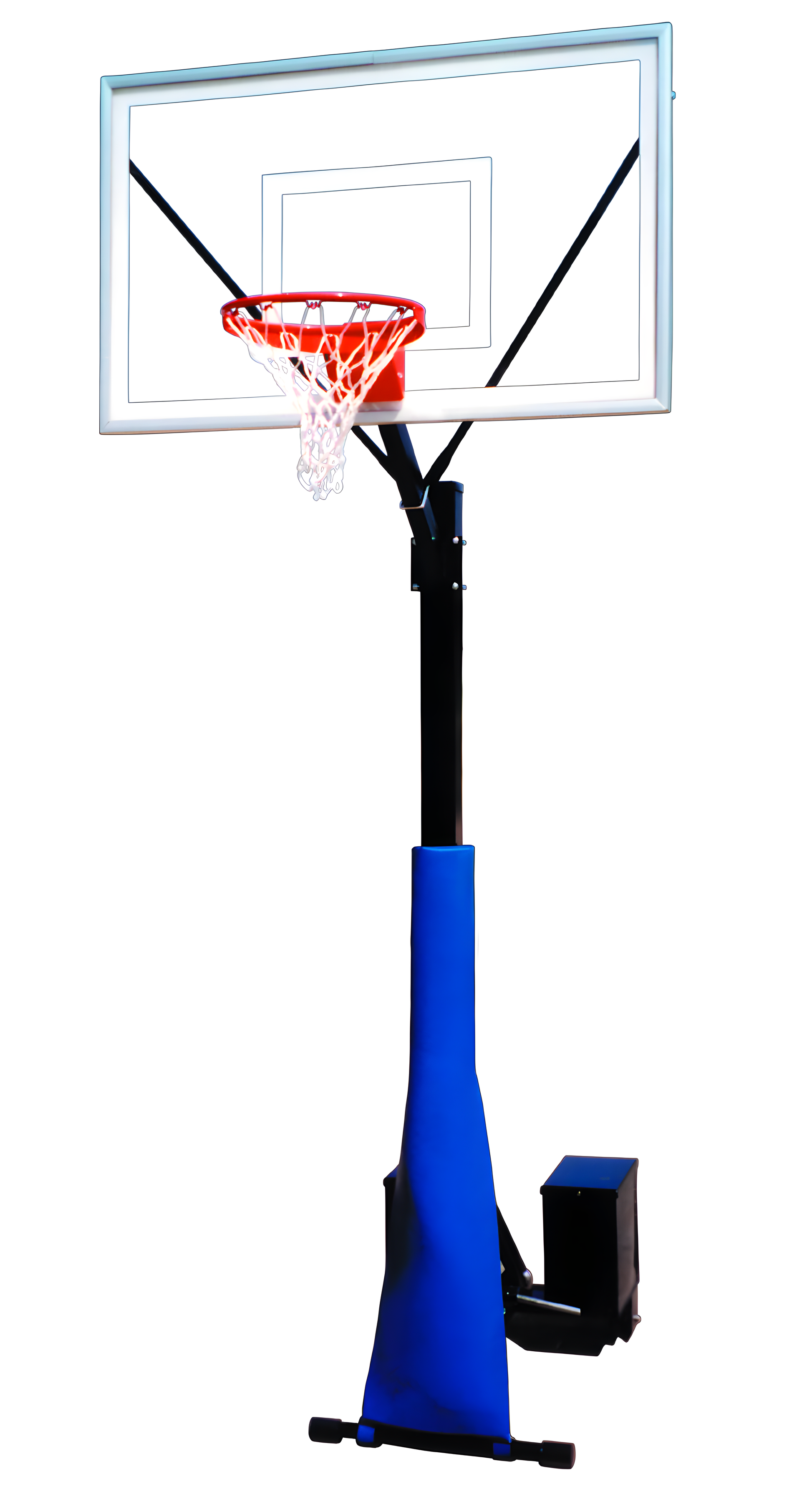 FIRST TEAM portable basketball hoop with clear backboard and adjustable black pole on white background
