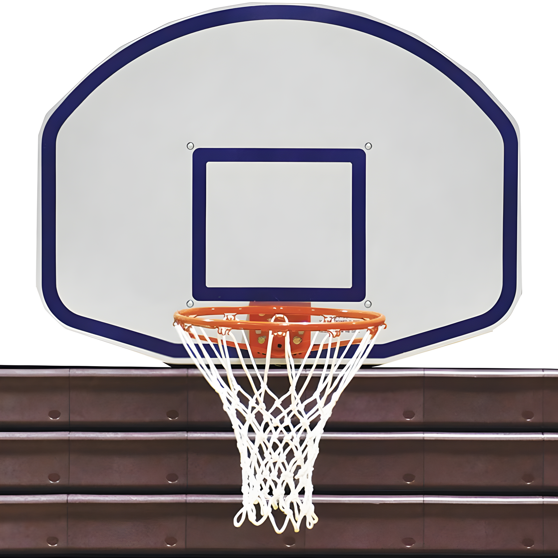 Jaypro portable basketball hoop with white backboard and orange rim mounted on brown bleachers