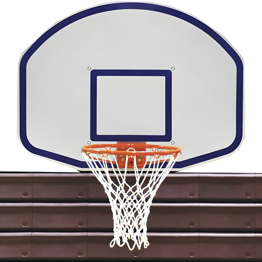 Jaypro portable basketball hoop with white backboard and orange rim mounted on brown bleachers