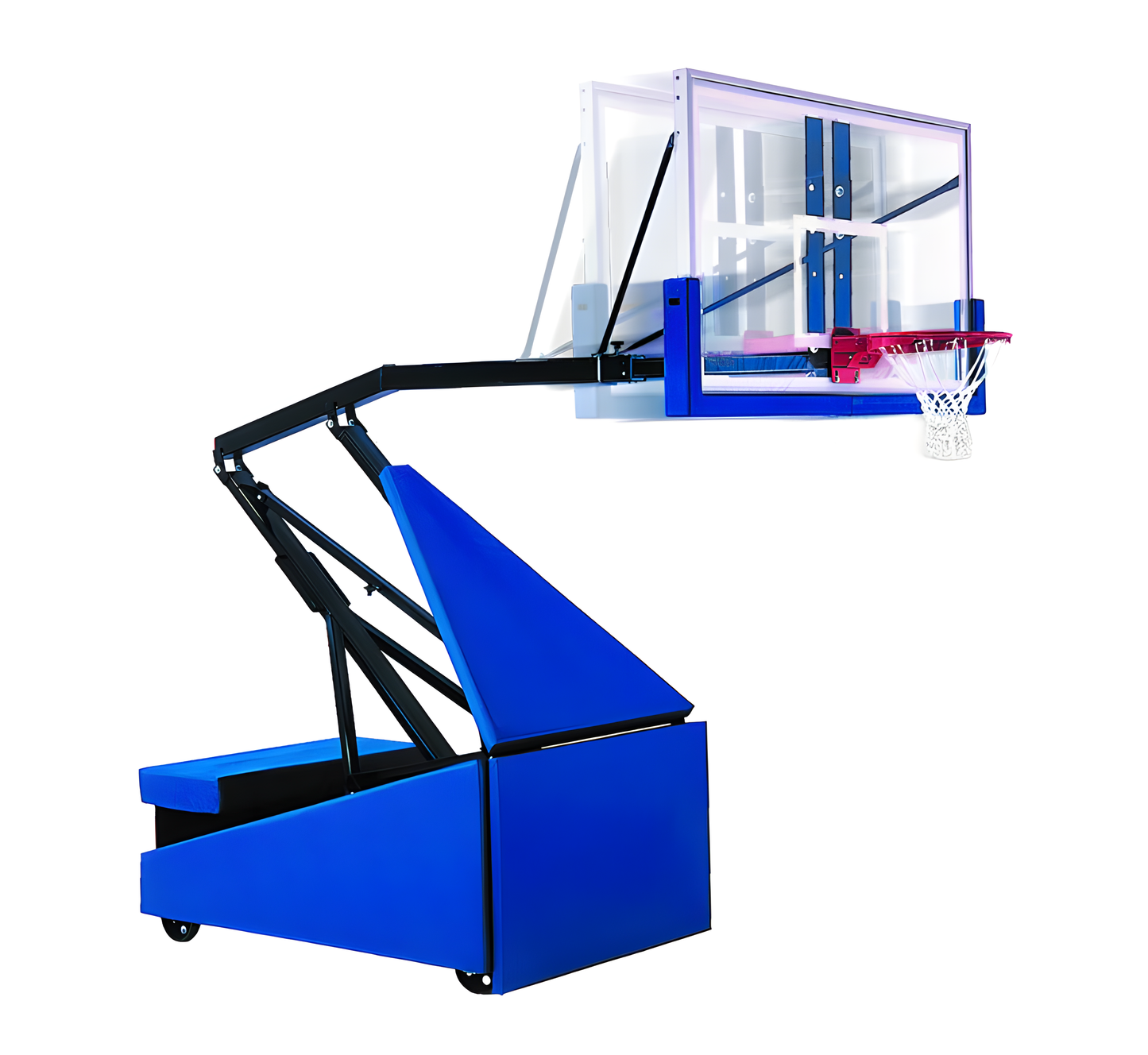 FIRST TEAM portable basketball hoop with blue base and clear backboard for easy transport