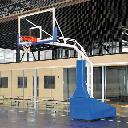 Jaypro portable basketball hoop with padded base and adjustable height in indoor gym setting