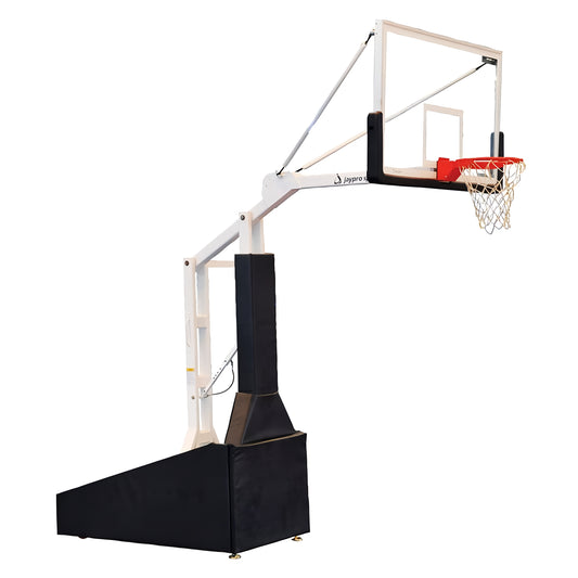 Jaypro portable basketball hoop with adjustable clear backboard and red rim base support