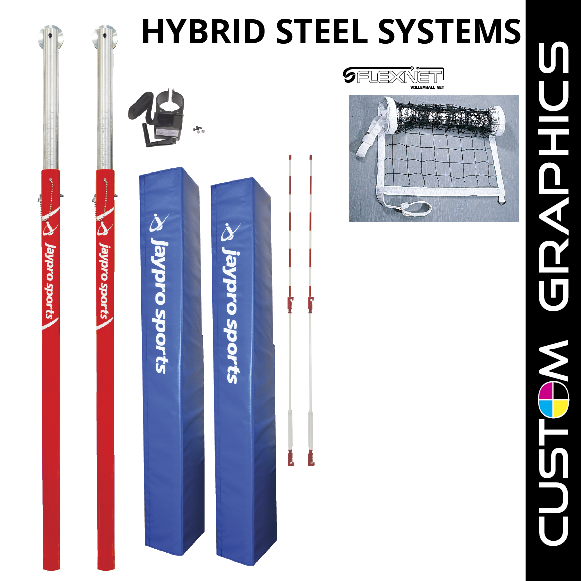 Jaypro Hybrid Steel Volleyball Net System with Custom Graphics  (3 in. Floor Sleeve) - NFHS, NCAA, USVBA Compliant Jaypro